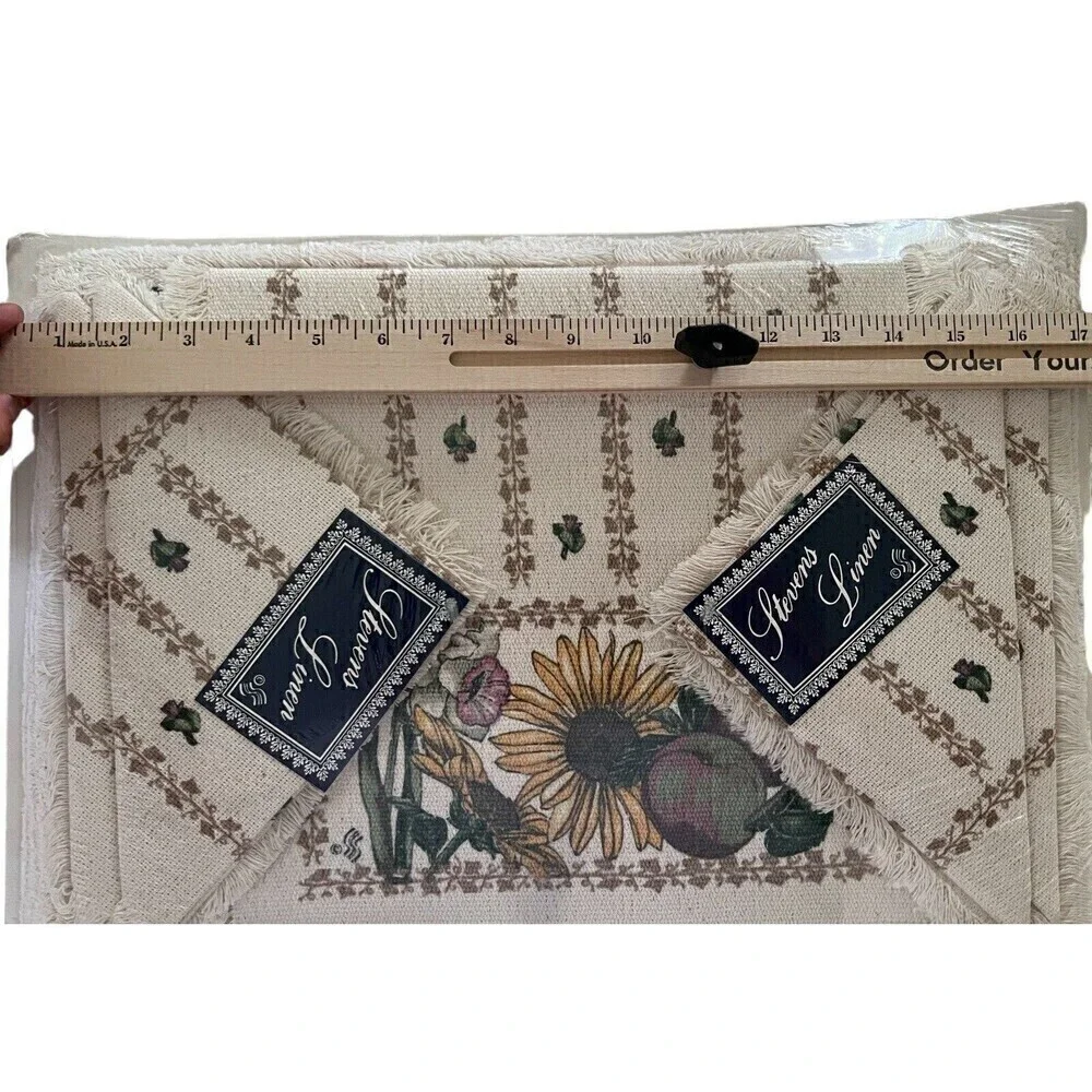Vintage Stevens Linen Placemats Napkins Cup Towel Original Packaging Flowers